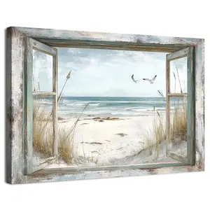 Rustic Beach Wall Decor Ocean Seascape Virtual Window Coastal Art for Living Room Farmhouse Seagulls Pathway Picture Nature Beachy Scenery Painting Print Modern Artwork Bathroom Home Decoration