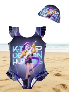 Girls One-Piece Swimsuit with Swim Cap, K-POP Demon Hunters Swordswoman Print Ruffle Bathing Suit