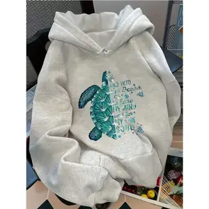 Plus Size Women's Casual Turtle Slogan Print Drop Shoulder Hoodie Sweatshirt, Autumn/Winter