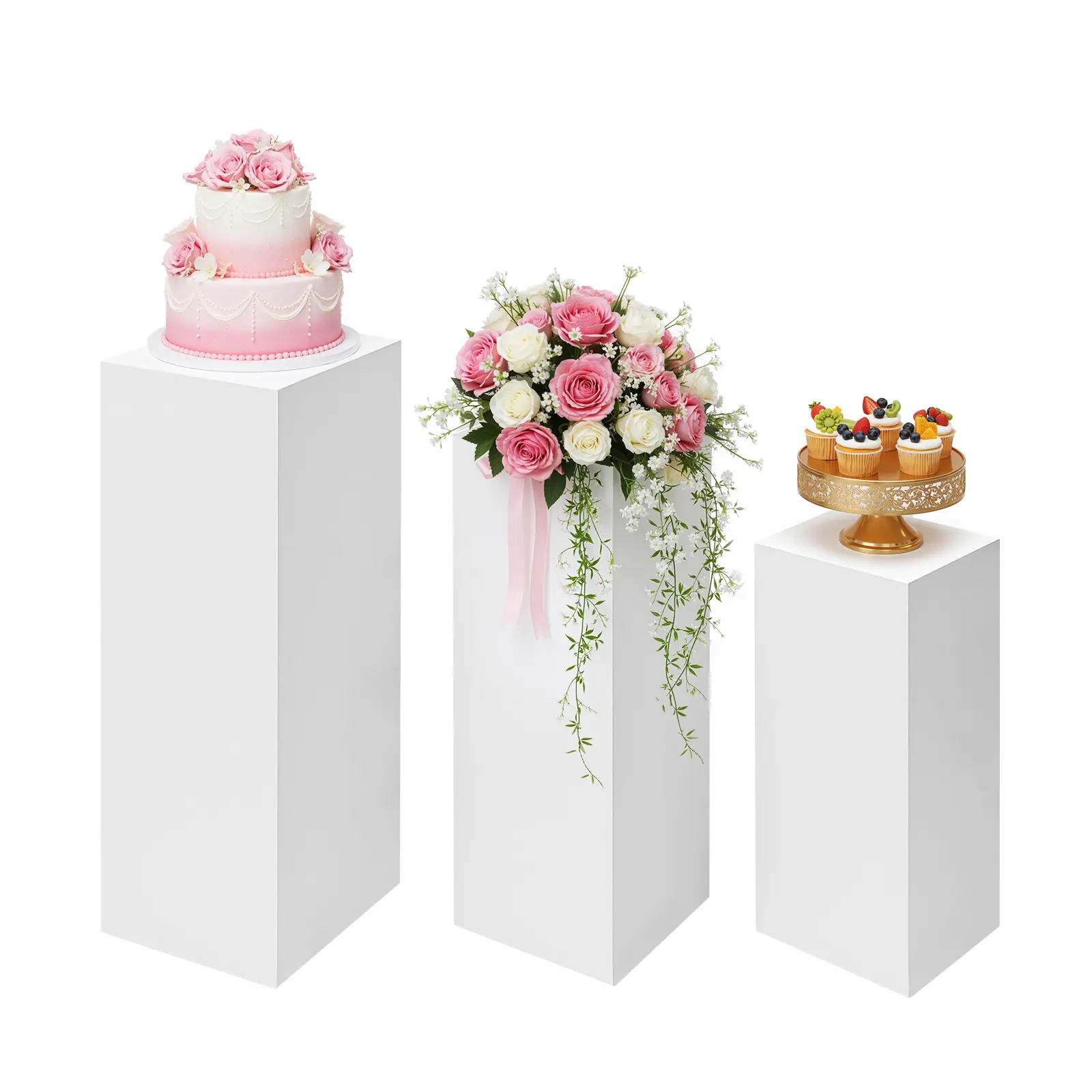 3-Piece White Metal Display Pedestal Stands - Square Iron Cake Stands Set (27.56/35.43/39.37in) Heavy-Duty 66LBS Load-Bearing for Wedding/Birthday/DIY Home Decor