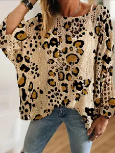Women's Leopard Print Knit Hollow Out Top, Casual Elegant Vacation Style, Comfortable Breathable Loose Fit, Batwing Shoulder Design