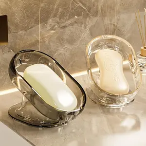 Oval Self Draining Soap Dish - Premium Clear & Smoke Grey Soap Holder with Drainage, Modern Light Luxury Bar Soap Tray for Bathroom Sink & Shower, Durable Plastic Soap Organizer cover
