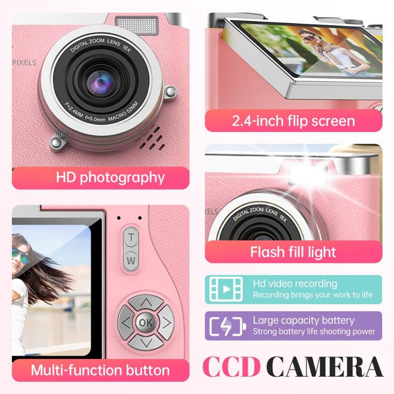 Portable Digital Cam, Student Camera, Compact Pocket Camera, 180° Degree Flip Screen Camera For Women, Entry-Level 1080P Pink Camera With 32GB Memory Card, Video Vlog, Photography, Birthday, Christmas New Year Gift Portable Digital Cam, Student Camera, Compact Pocket Camera, 180° Degree Flip Screen Camera For Women, Entry-Level 1080P Pink Camera With 32GB Memory Card, Video Vlog, Photography, Birthday, Christmas New Year Gift