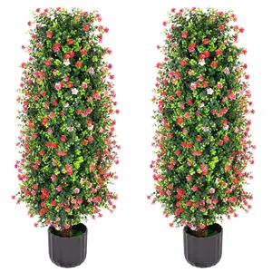 2 Packs Artificial Rose Tree 3FT- Fake Floral Plant Tree in Pot- Decorative Topiary Plant - Cement Filled Potted Faux Flower Plant for Home Office Porch Decor Indoor Outdoor Home Decoration