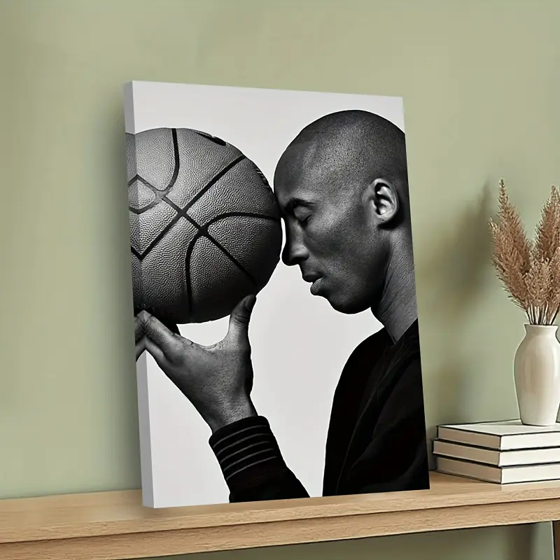 Kobe Bryant Black and White Basketball Canvas Wall Art| Inspirational Sports Poster for Bedroom, Gym, Office Decor| Modern Minimalist NBA Art, Athlete Gift