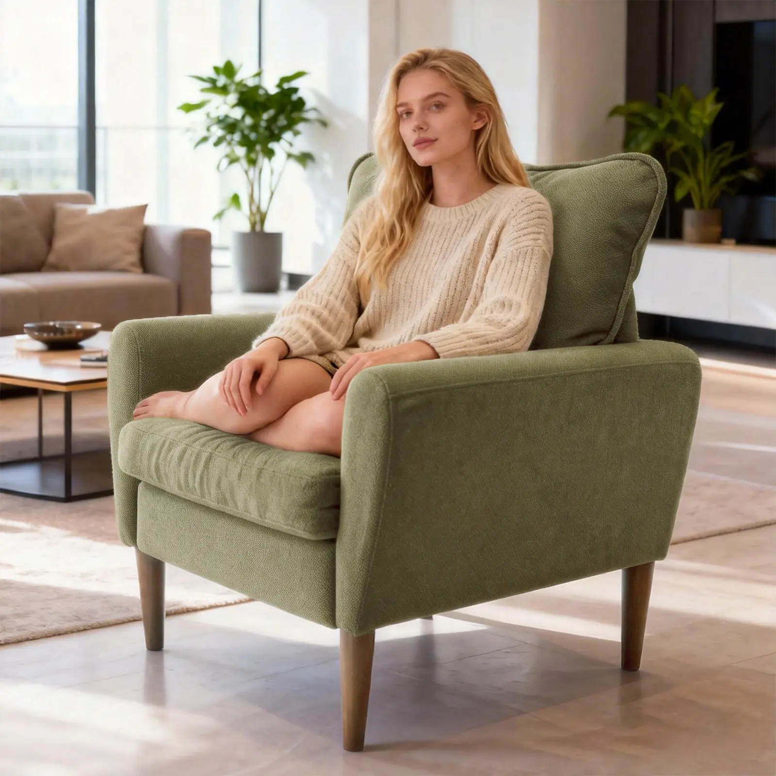Sweetcrispy Modern Linen-Cotton Plush Accent Chair - Single-Seat Wood Sturdy Indoor Lounger, Curved Arms, High Resilience Cushion, Sturdy Wood Legs, Compact Footprint for Living Room, Bedroom, Seat Indoor Loungers, Single-Seat Indoor Loungers