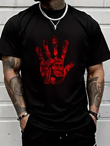 100% cotton Native American Indigenous Red Hand Indian Blood Themed T-Shirt Printed T-shirt, Short-sleeved Crew Neck Casual Top, Suitable For All Seasons, Men's Wear