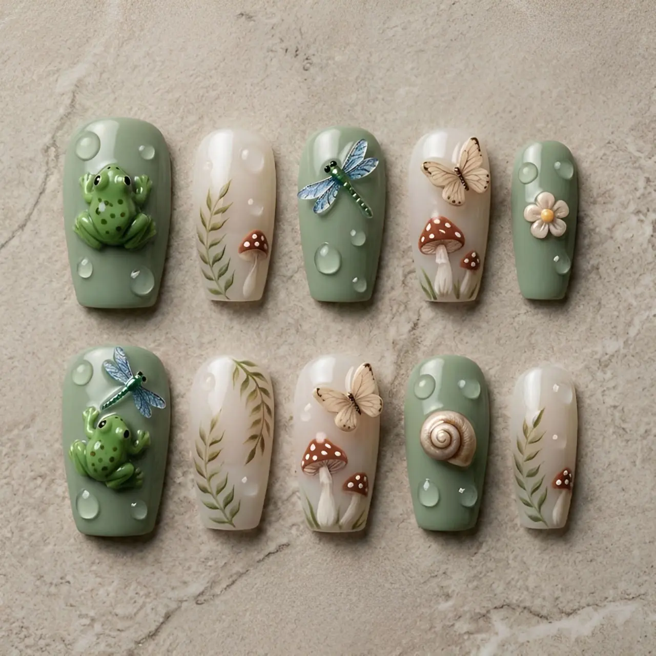 Handmade 3D Frog Mushroom Press On Nails, Cottagecore Snail Fake Nails, Sage Green Water Drop Gel, Fairycore Nature