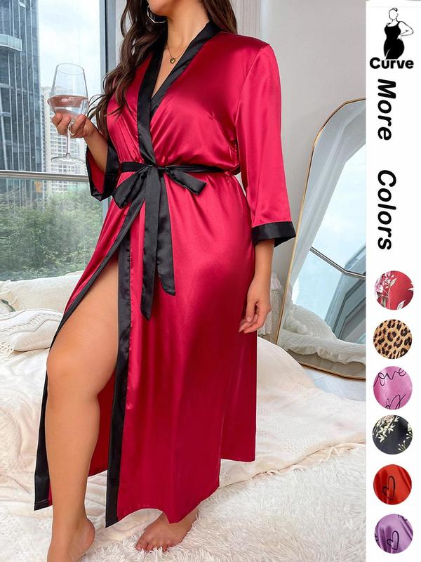 [Plus Size] Halloween Print Belted Wrap Long Sleeve Loose Loungewear Robe, Women Long Sleeves Nightwear, Fall Lady Long Lounge Robe Gowns, Halloween Pajamas, Robes for Women, Floral Print Robe, Wrapped Belted Robe, Casual Soft Bathrobe Womenswear Vneck