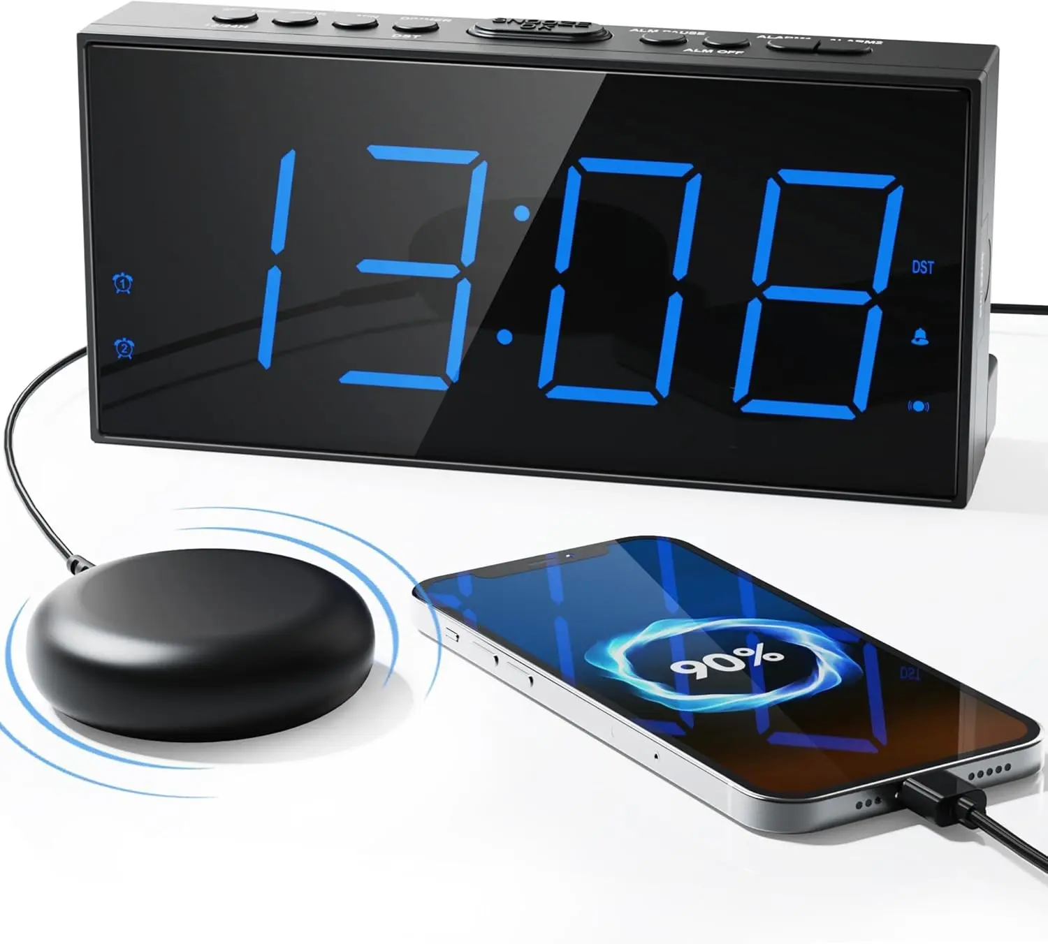 Alarm Clock with Bed Shaker, Vibrating Alarm Clock for Heavy Sleepers/Hard of Hearing/Deaf,Dual Alarms, 7.5’’ Large LED Display, Dimmer, USB Charging Port, Plug-in with Memory Function