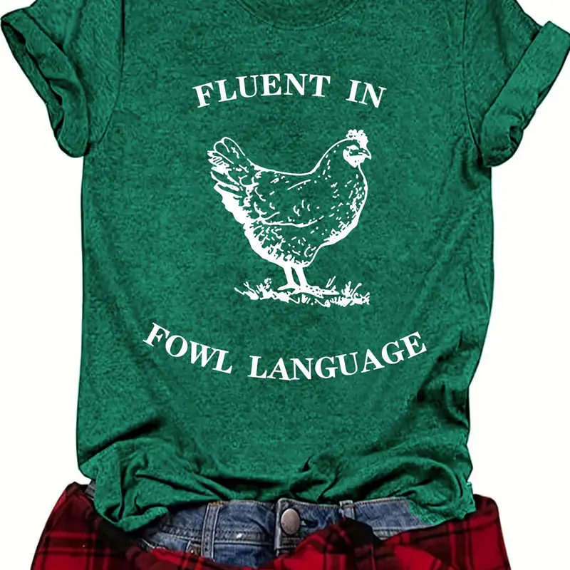 Women's Chicken & Letter Print Graphic Round Neck Tee, Casual Short Sleeve Crew Neck T-shirt for Summer, Fashion Women's Top for Daily Wear, Womenswear Style, Everyday, Lady, Fit
