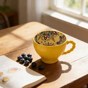 10oz Ceramic Coffee Cup, Bohemian Floral Pattern, Durable and Stylish, Microwave Safe, Perfect for Daily Use, Kitchen Essential, Reusable Beverage Cup