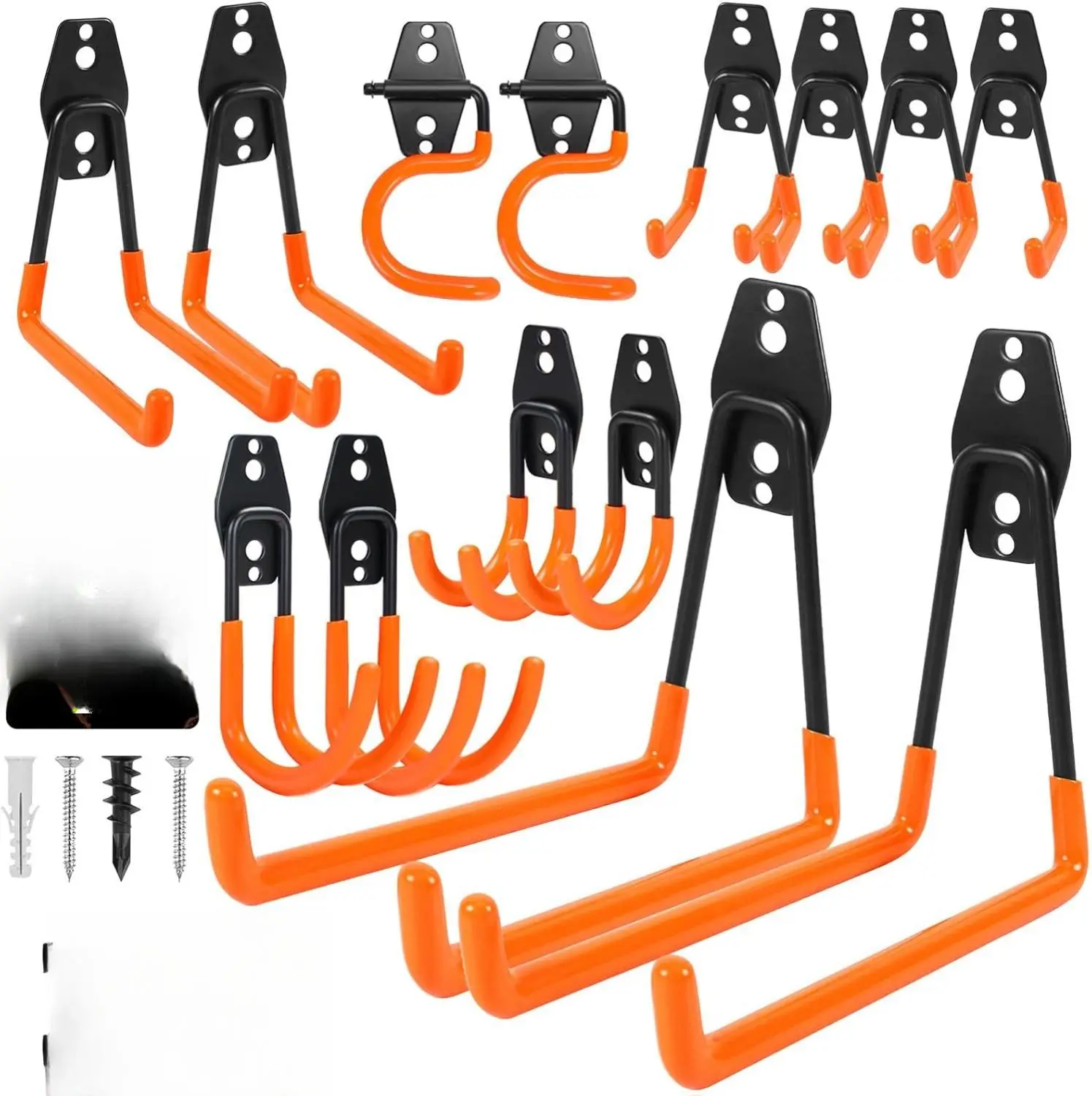 Heavy Duty Wall Mount Storage Hooks, 16 Pack with 2 Extension Cord Straps (Orange) for Garage, Shed, Bikes, Ladders, Ropes Organiser Set