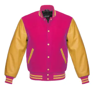 Letterman Varsity Jacket Wool & Real Leather Hot Pink/Gold Collar Cotton