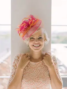 Orange and Fuchsia Fascinator Sinamay Feathers Satin Headband for Weddings Tea Parties Special Occasions Elegant and Sophisticated Design