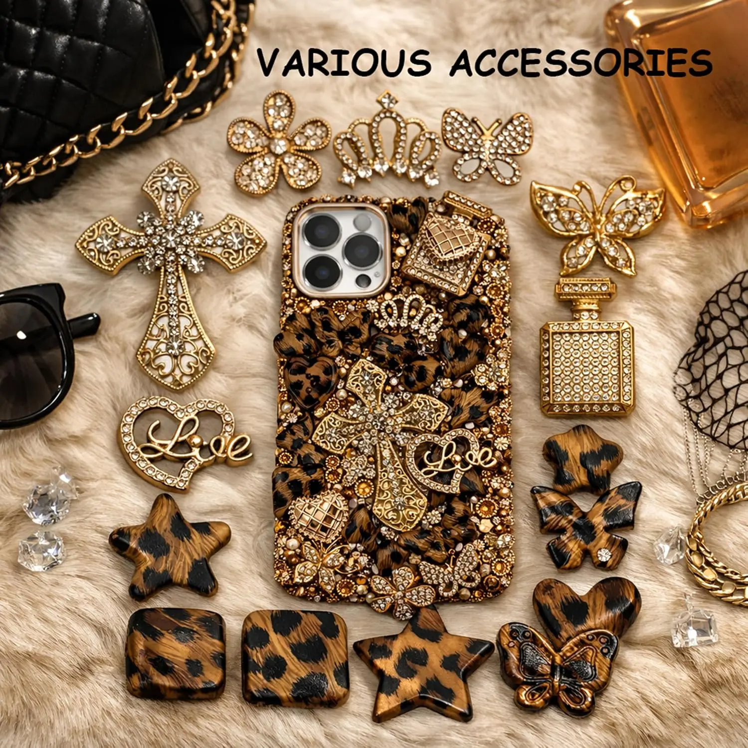 Large Leopard Print Junk Casing Kit for Girls - Bold Wild Phone Cover Accessories with Gold Rhinestone Cross, Zinc Alloy Butterfly, Flower Charm, Assorted Leopard Heart for DIY, Social Media Crafting
