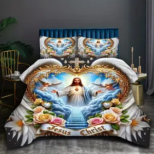 2/3pcs Set, Sacred Devotion, Wings Cross Flower Angel Jesus, Door to Heaven, Decorative Bedding Set, Digital Print Quilt Cover Set, Zipper Design, Machine Washable 1 Quilt Cover +1/2 Pillowcase, No Filling