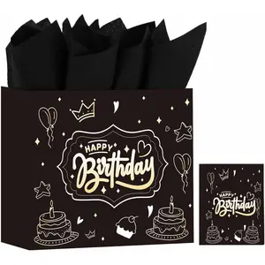 Upgraded 13" Black Happy Birthday  Bag with Tissue Paper and Greeting Card for Party, -Foil "Happy Birthday"  Bag for Men Women Boy Girl, Inner-Bond Handles - No Punch Holes, No -Outs
