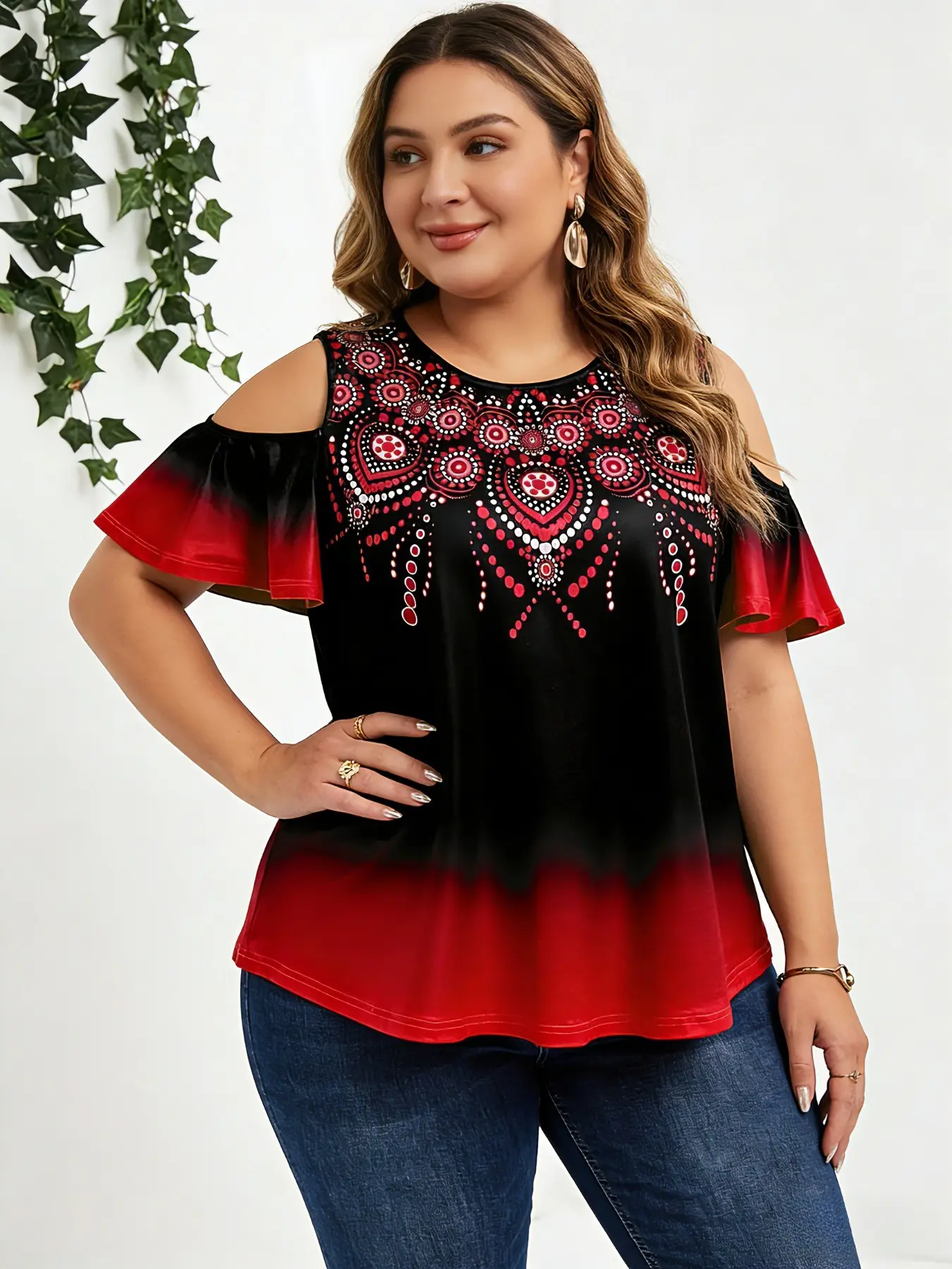 Boho Style Aesthetic Multicolor Printed Off-Shoulder Short Sleeve Summer T-Shirt, Gradient Ruffle, Loose-Fit Casual Womenswear Top for Plus Size, Casual Summer Chic