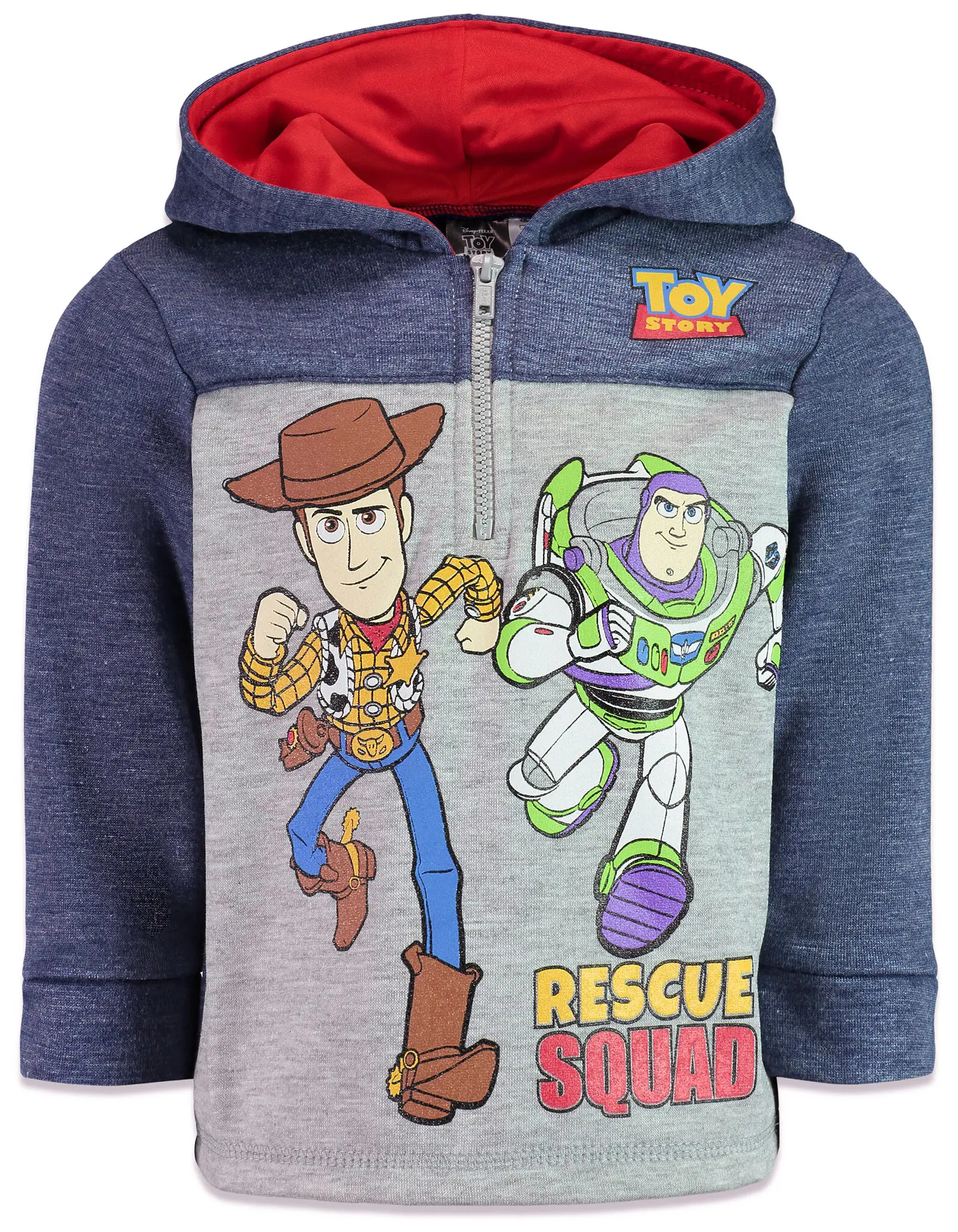 Disney Toy Story Boys' Athletic Graphic Fleece Zip Pullover Hoodie - Navy Grey, Woody Buzz - Toddler to Big Kid (4T), Sporty Chic, Colorblock, Graphic Print, Hooded Top, 5T, 3 - 4 Years, 3T