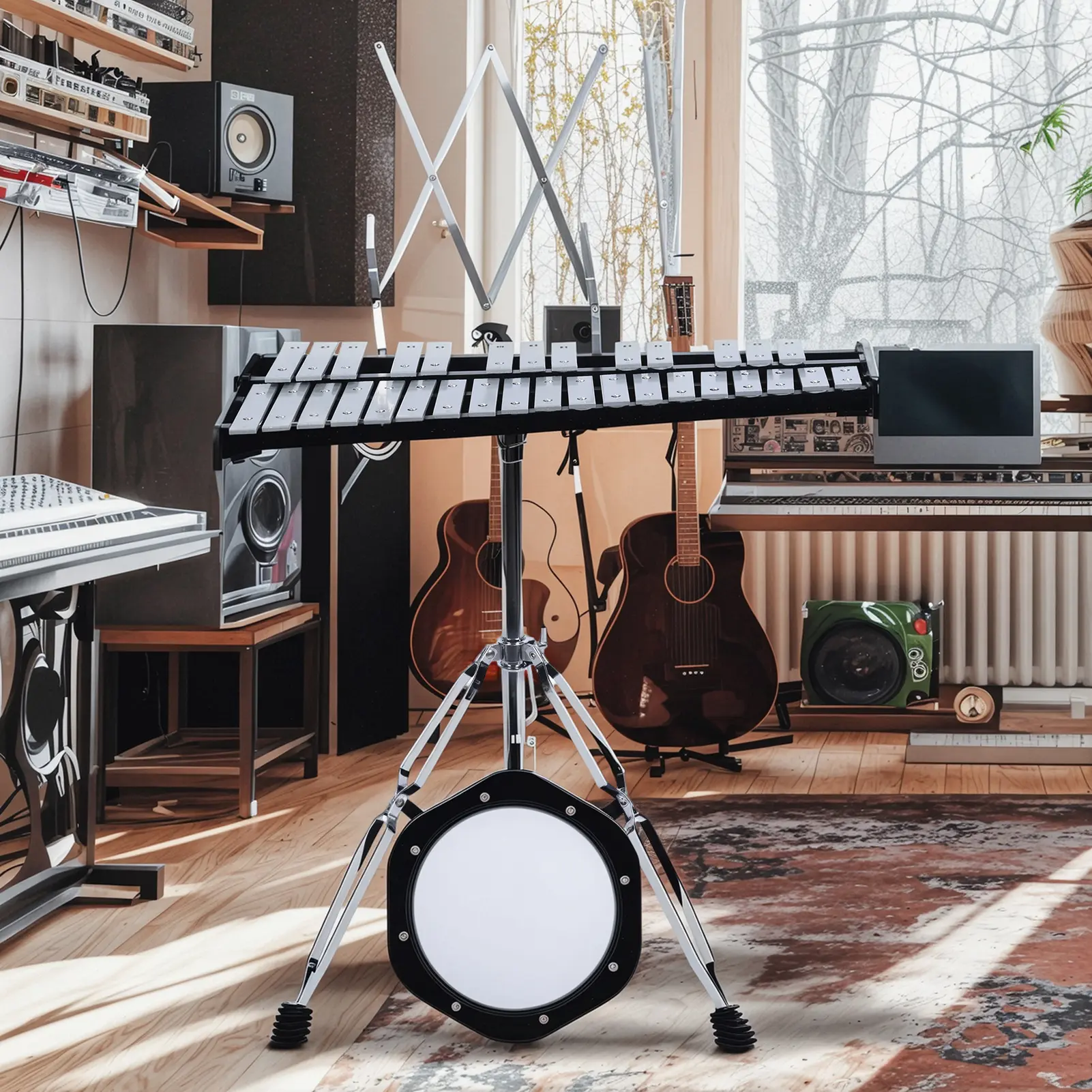 32-Notes Glockenspiel Kit, Aluminum Plate Xylophone Bell Percussion Instrument with Adjustable Height Stand, Practice Pad Mallets, Wooden Drumsticks & Portable Carrying Bag