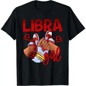100% Cotton Unisex Libra Girl Birthday Women Sneakers Zodiac Sign Bday T-Shirt Casual Graphic Printed Vintage Tshirt Black