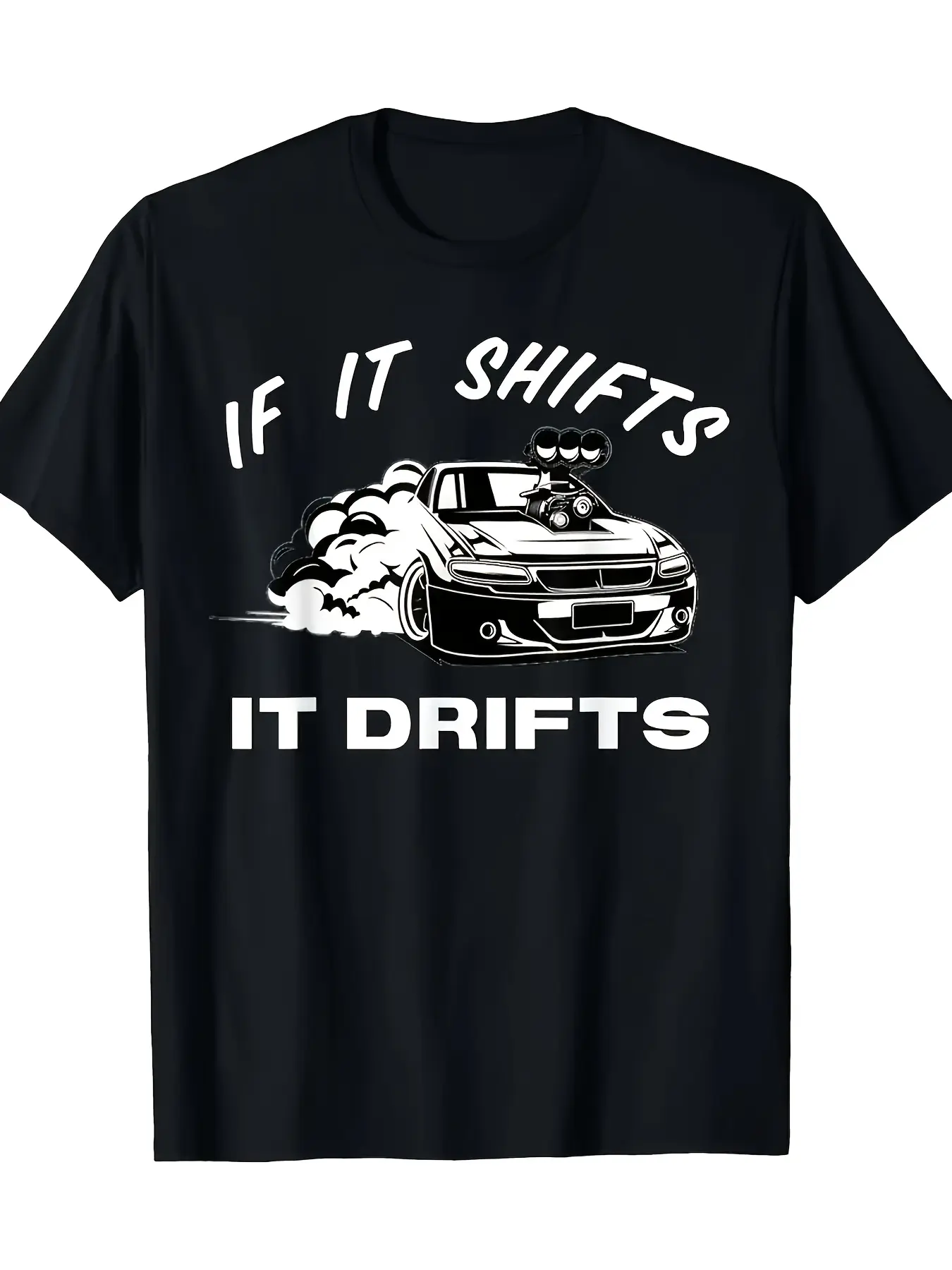 Men'S Drift Racing Pattern T-Shirt   "if lt Moves, lt Drifts" Design, Comfortable Crew Neck T-Shirt, Fashionable Casual Print Shirt, Suitable for Car Enthusiasts, Black with White Racing lllustration