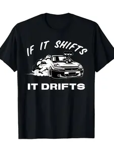Men'S Drift Racing Pattern T-Shirt   "if lt Moves, lt Drifts" Design, Comfortable Crew Neck T-Shirt, Fashionable Casual Print Shirt, Suitable for Car Enthusiasts, Black with White Racing lllustration