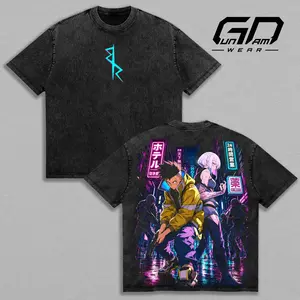 David Martinez x Lucy Cyberpunk Edgerunners Anime Washed Graphic Tee Futuristic Heavyweight Cotton Streetwear Shirt