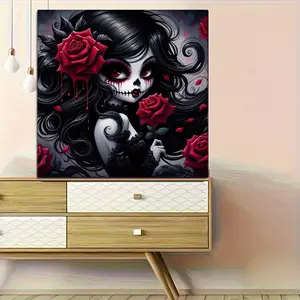 DIY 1pc 50x50cm Red Rose Skull Gothic Girl Diamond Painting kits For Home Decor Full Round Diamond Embroidery Mosaic Cross Stitch Kits for home decor gift Flower Embroidery