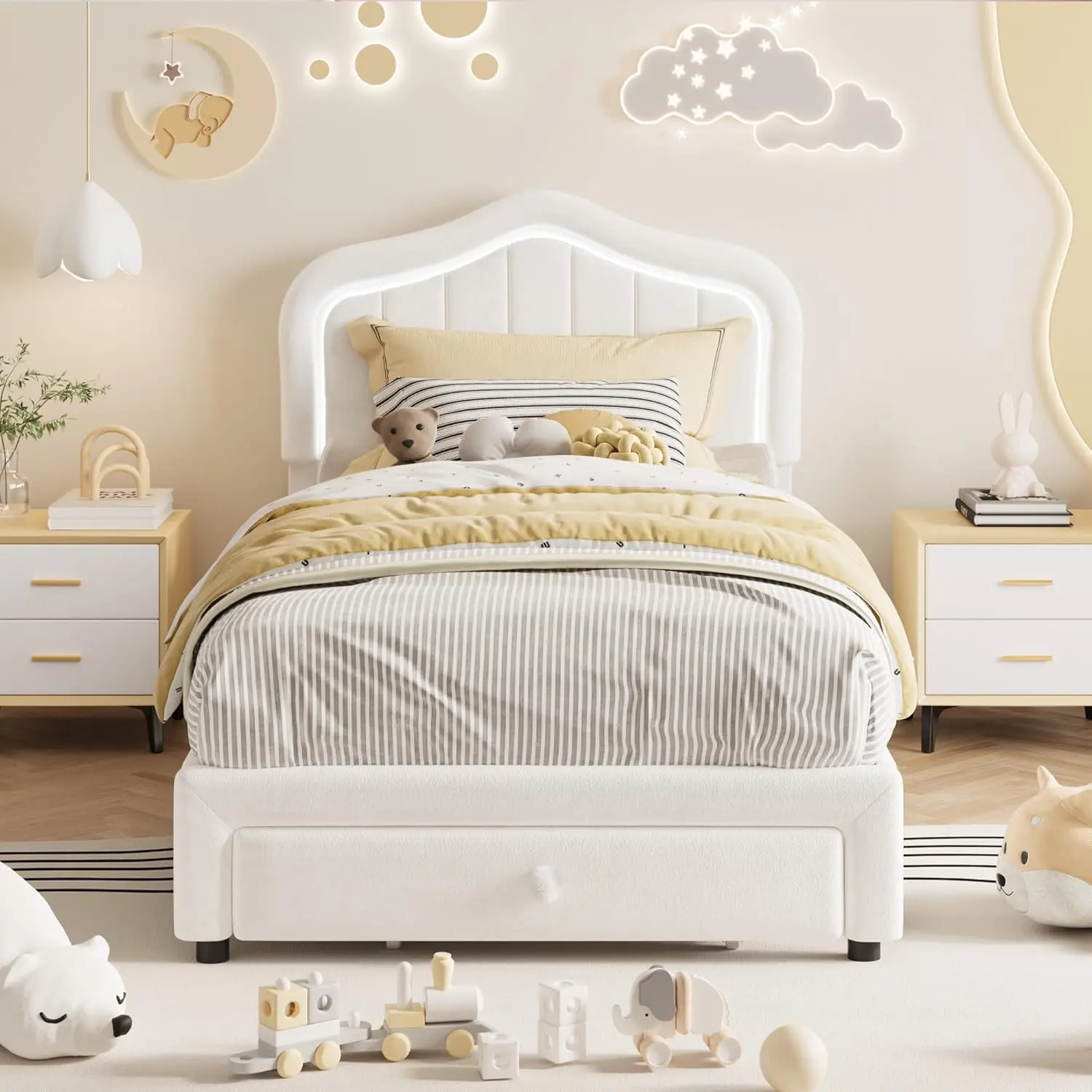White Twin Size Upholstered Platform Bed Frame with Storage Drawer, Smart LED Upholstered Tufted Headboard, Plush Berber Fleece Texture, Wooden Slats Support, No Box Spring Needed, Easy Setup, Kids-Focused Bed Frame