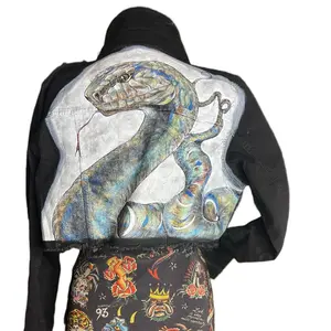 Custom, Hand-Painted Snake Image, Cropped Black Jean Jacket.
