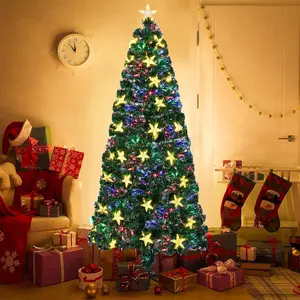 7FT Pre-lit Fiber Optic Christmas Tree with Large Stars Artificial Spruce Green Full Tree for Holiday Decoration Metal Stand Ideal for Festive Decor