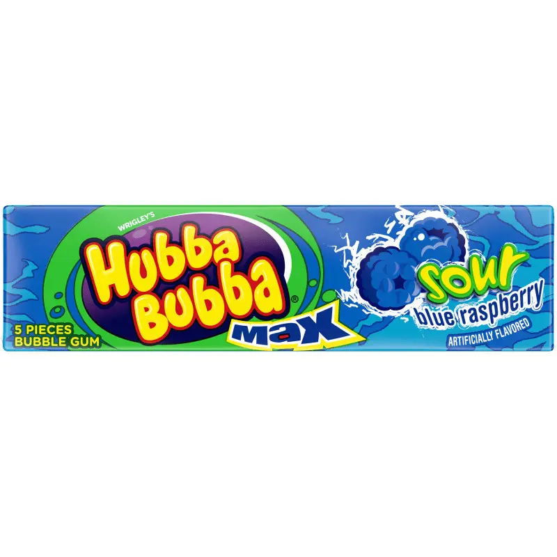Hubba Bubba Max Ambient Sour Blue Raspberry Chewing Gum - 4 Packs (5 Pieces Each), Sweet and Sour Flavored, Fat-Free, Sodium-Free Bubblegum Snack Treat for All Ages, Children