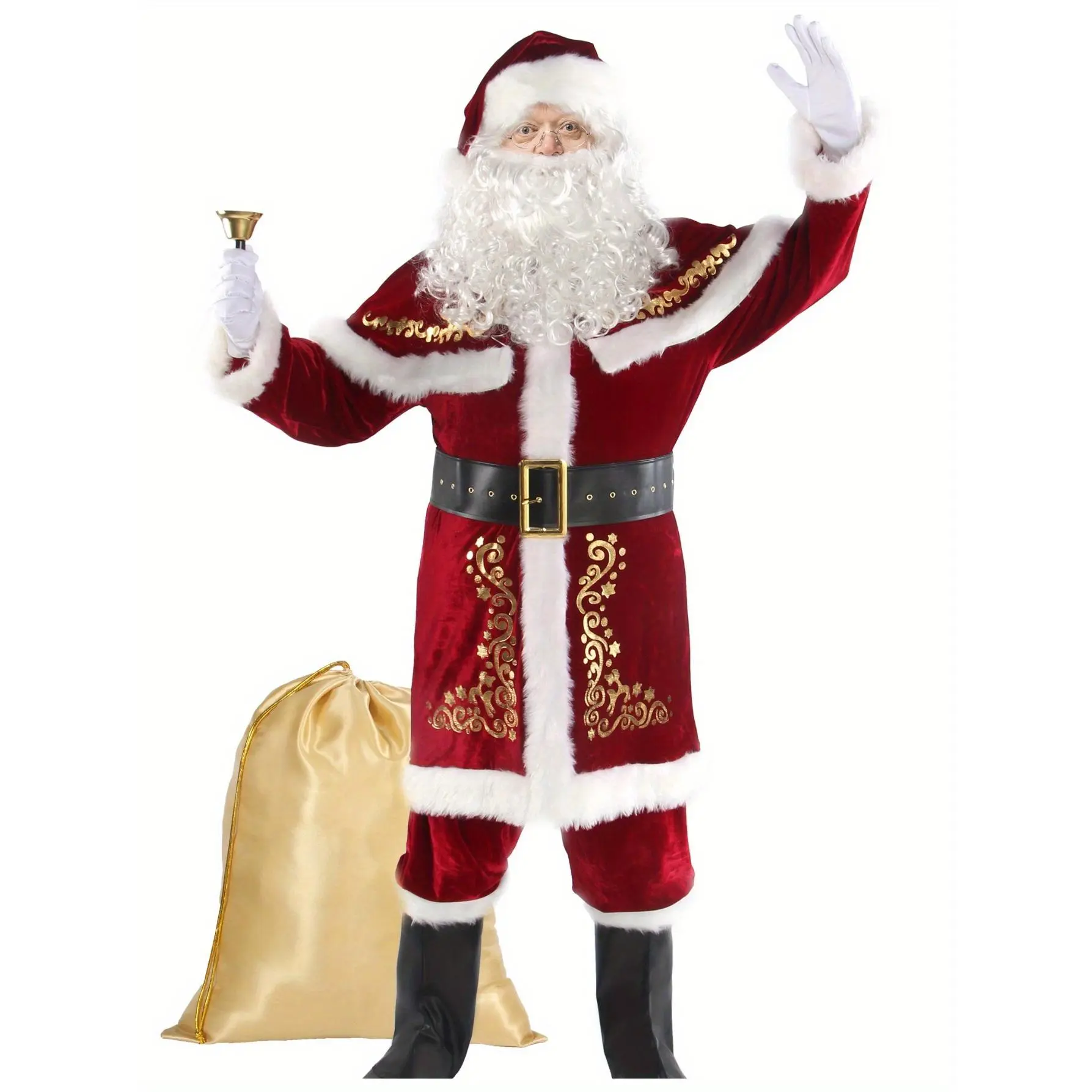 Santa Claus Costume Adult Men Santa Suit 12pcs Deluxe Red Christmas Xmas Outfit Full Set for Holiday Cosplay Party