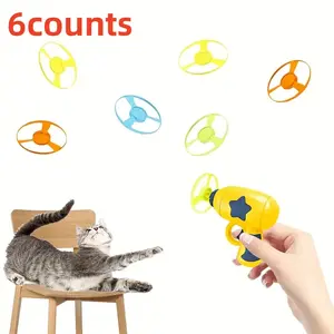 Cat Toy Set with Launcher, 6 Piece Cat Disc Gun Kit, Includes 4 Non-Glowing Frisbees & 1 Glowing, Interactive Pet Toys