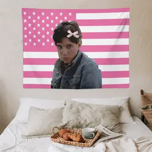 Pink and White American Flag Tapestry with Ralph Macchio Movie Poster - Patriotic Wall Decor for Bedroom, Living Room, Dorm, or Concert Gift, Bedroom Wall Art |   Contemporary Tapestry |   Easycare Material, American Decor Decoration Print Photo