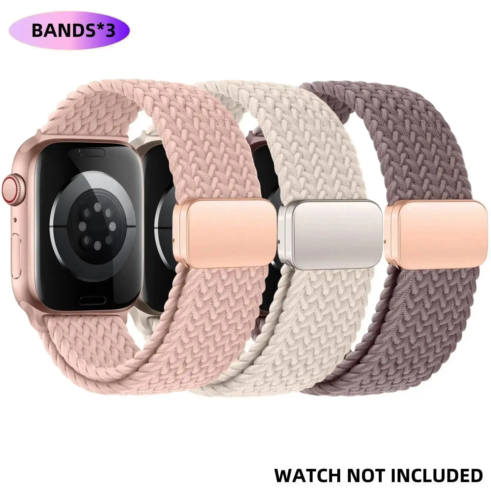 3-Pack Magnetic Braided Solo Loop Watch Strap, Adjustable Nylon Band for Apple Watch All Series Ultra SE 1-11