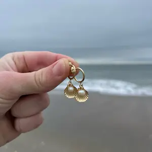 waterproof seashell & pearl gold hoop earrings, 14k gold filled beach jewelry, gold seashell earring stack