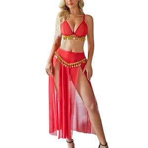 Avidlove Christmas Costumes Cosplay Rave Outfits for Festival Sexy Mesh Sheer Bra Top High Waist Split Maxi Skirt