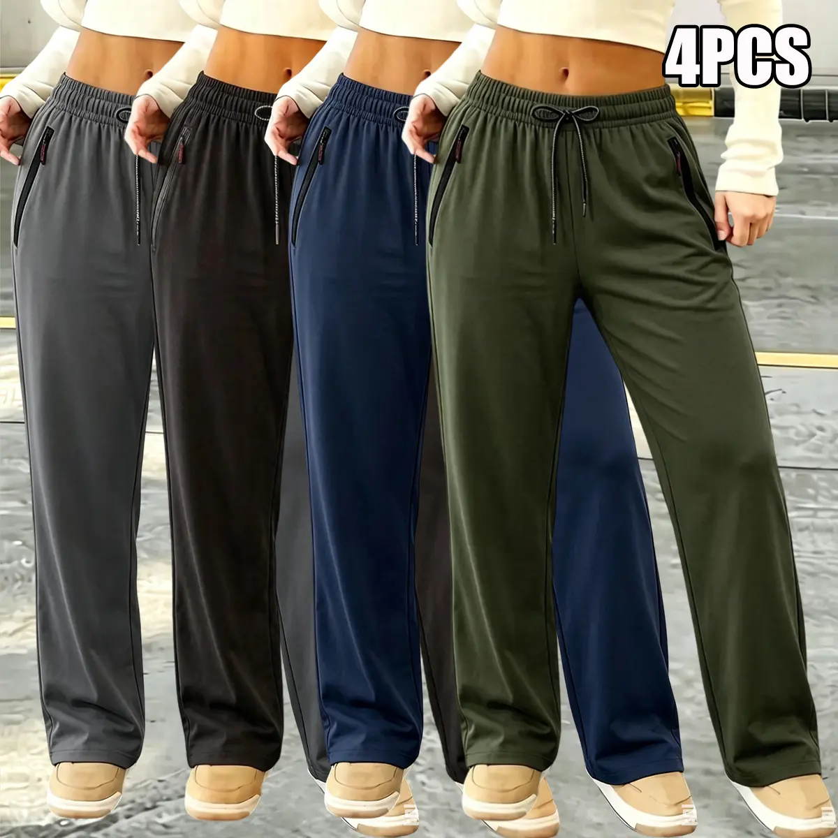 4-pack women’s solid-color loose long pants—fashionable casual trousers with pockets and an elastic waistband; suitable for spring and summer; relaxed fit, durable fabric, everyday wear, minimalist style, comfortable material.