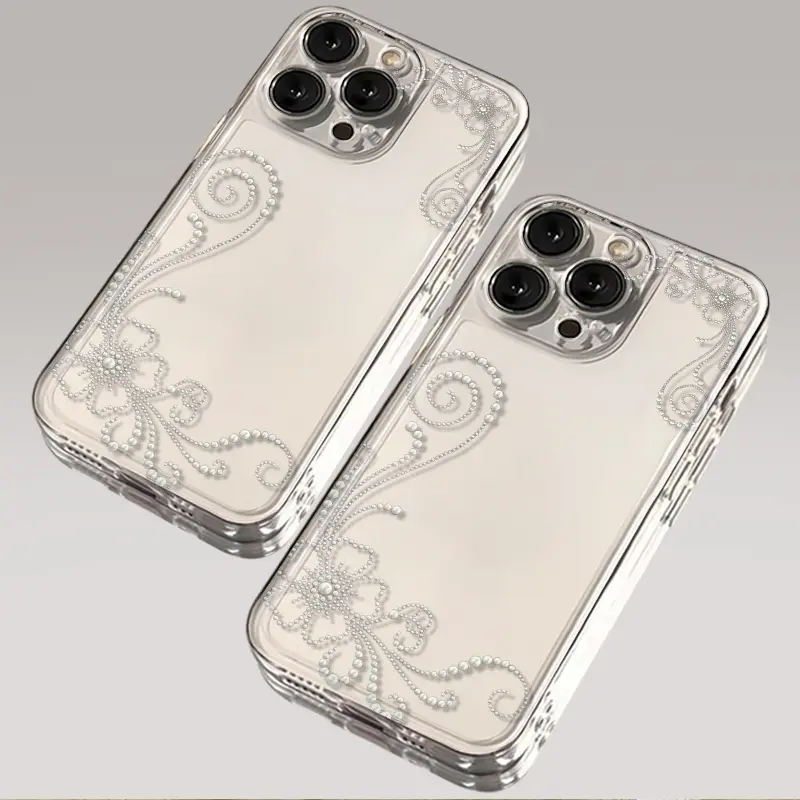 Elegant Pearl Floral Swirl Pattern Clear Space Phone Case for iPhone, Precise Cutout Transparent Shockproof Protective Cover, Slim Soft TPU Bumper Hard PC Back Case for Women