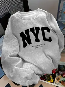 Women's Light Fitted Round Neck Long Sleeve Sweatshirt, Simple Nyc Letter Print, Streetwear Hip Hop Rap Dance Motorcycle School Girl Fashion