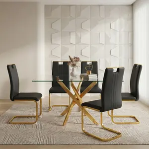 Modern Cantilever Dining Chairs Set of 2/4, Black Gold PU Leather Upholstered Side Chairs with Gold Metal Frame for Kitchen Living Room