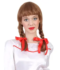 Adult Women's Animated Movie Doll Wig- Brown | 18 Inch in Braided Pigtails with Red Ribbons Wig | Flame-retardant Synthetic Fiber for Halloween Party