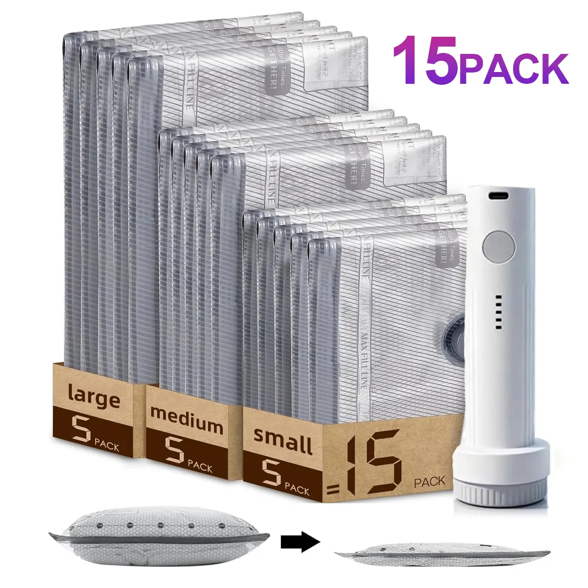 15-Pack Travel Vacuum Storage Bags , Reusable Compression Space Saver Bags with Rechargeable Pump, Large Medium Small Sizes for Clothes & Luggage Organization, Carry-On Suitcases, Home Storage, Dorm & Back to School