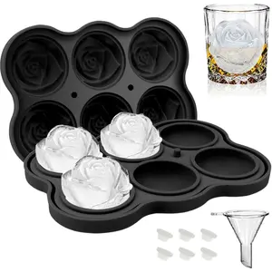 Ice Cube Tray 2 Inch [1 Mold + 1 Funnel + 6 Stoppers], 6 Cavity Silicone Ice Cube Mold For Beverages (Black)