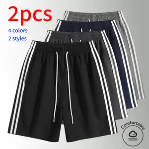 2-Pack  men’s summer shorts—mid-thigh length, loose fit casual shorts with striped detailing; multifunctional sports shorts suitable for fitness, running, and outdoor travel.