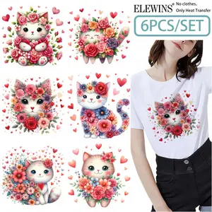 6 Pcs Cat Paw Flower Valentine Iron on Stickers Heat Transfer Decor for Clothing Bags Jeans Craft DIY Home Decoration