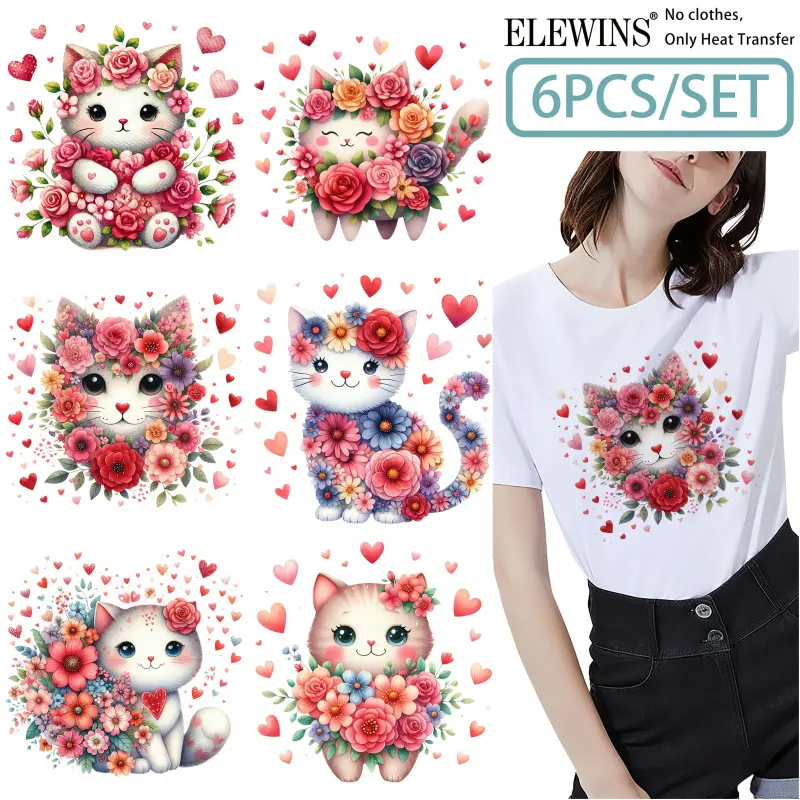 6 Pcs Cat Kitty Flower DIY Rose Flower Valentine Iron on Stickers Heat Transfer Decor for Clothing Bags Jeans Craft DIY Home Decoration